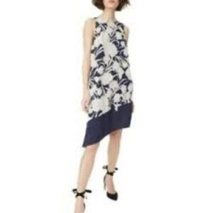 CLUB MONACO NAVY GREY FLORAL SILK BLEND SLEEVELESS ASYMMETRICAL DRESS - 2